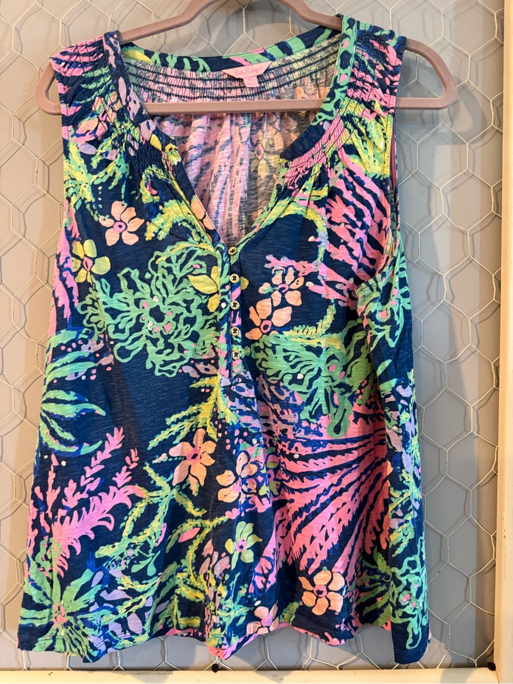 Lilly Pulitzer Navy Floral V-Neck Tank with Pink & Green Accents